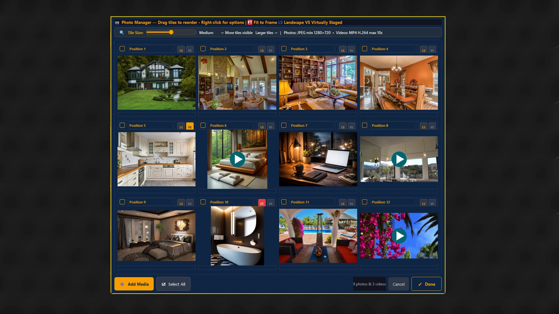Photo Manager grid showing drag-to-reorder tiles with landscape, virtually staged, and fit-to-frame badges