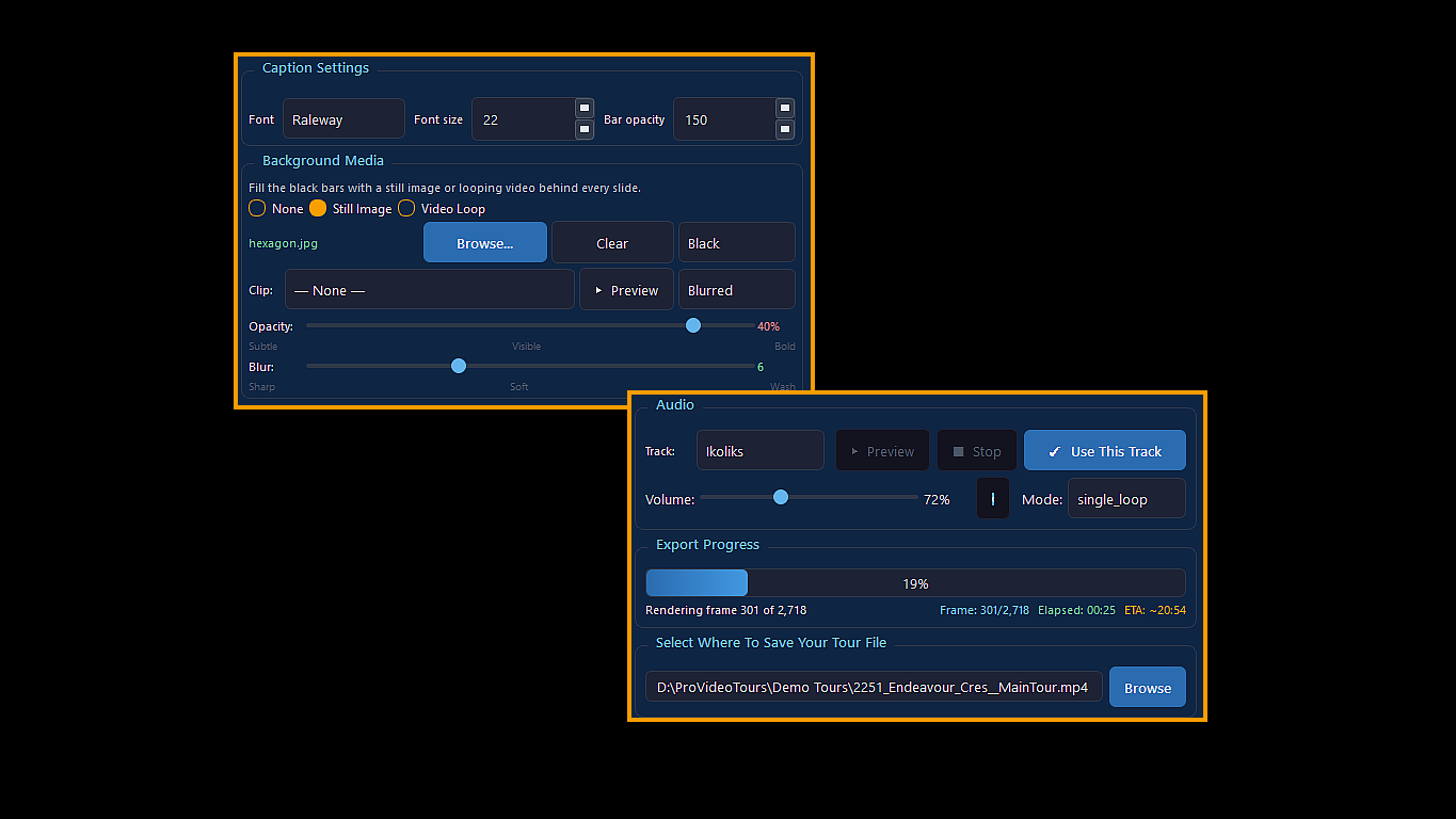 Tour Settings panel showing caption settings, background media, audio track, and export progress