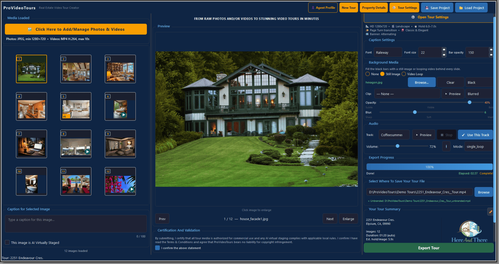 ProVideoTours photo and video manager software interface for Windows PC showing the drag-and-drop media grid, audio track selector, background video loop settings, and real estate virtual staging compliance options