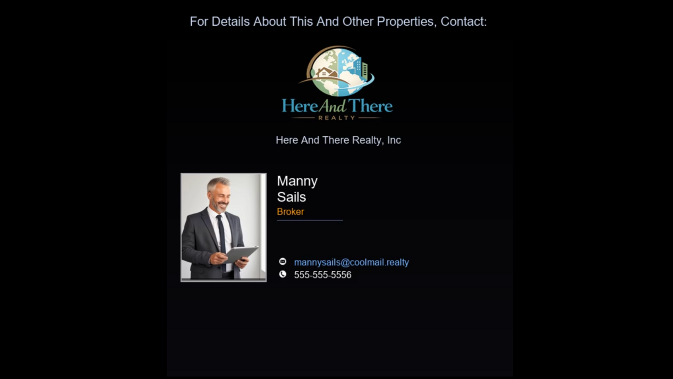 Closing card with agent photo, name, brokerage, and contact information