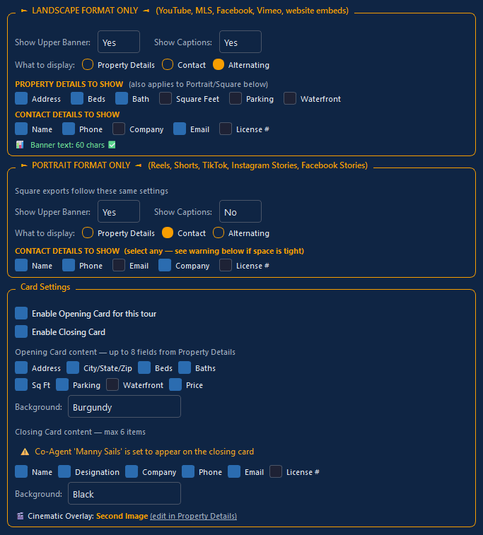 ProVideoTours desktop real estate video software interface displaying customizable tour settings, cinematic motion styles, and automated landscape and portrait export options for Windows